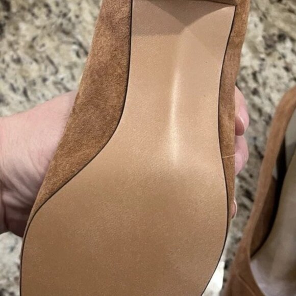 Vintage California Magdesians Tan Suede Peep Toe Heels Bow Size 6M Brown Shoe - Picture 3 of 11